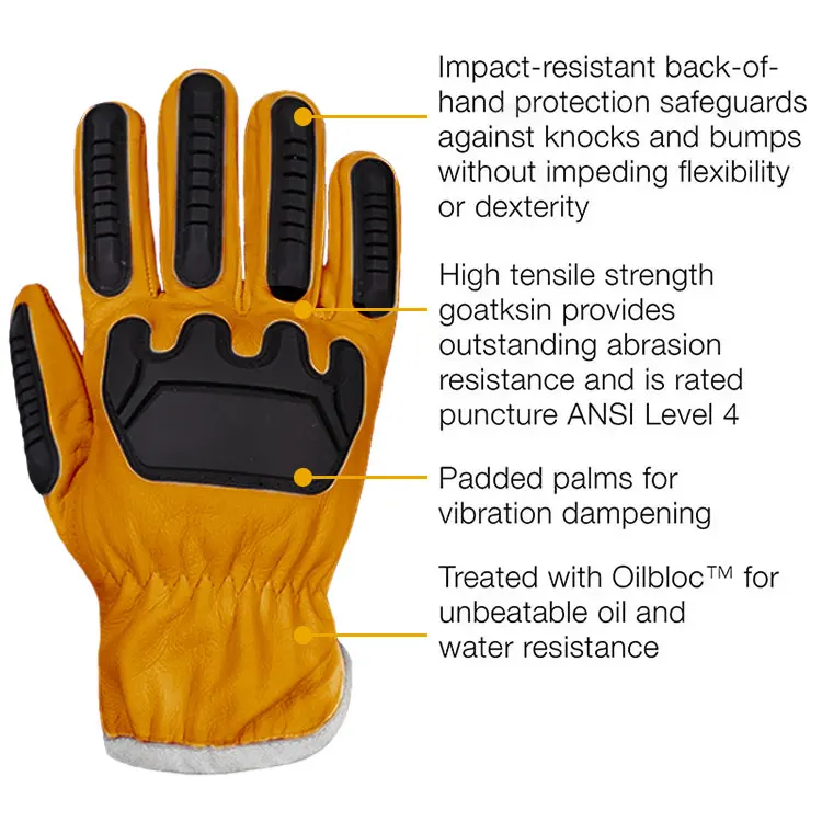 Heavy Duty Oil Resistant Protective Yellow White Impact Cotton Double Palm Oil Field Work Hand Durable Gloves Goat Skin Leather