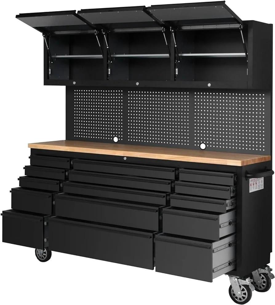 Customized 72 inch Garage steel tool cabinet movable multi-function workbench general metal tool trolley with 15 drawers