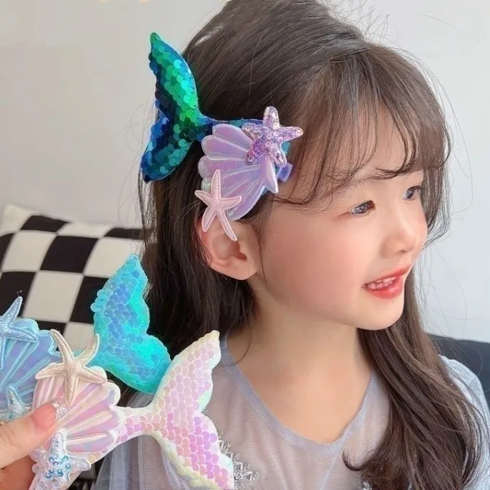 New Style Accessories Kids Girls Baby Hair Clips Star Hair Pins Cute Cartoon Barrettes Sequin Mermaid Tail Hair Clips