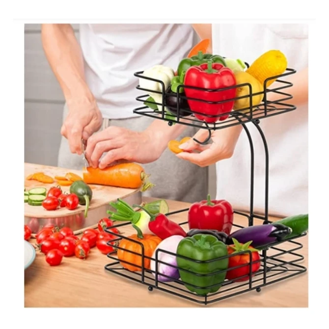 Perfect metal fruit basket 2-tiers fruit storage holder whit banana hook for living