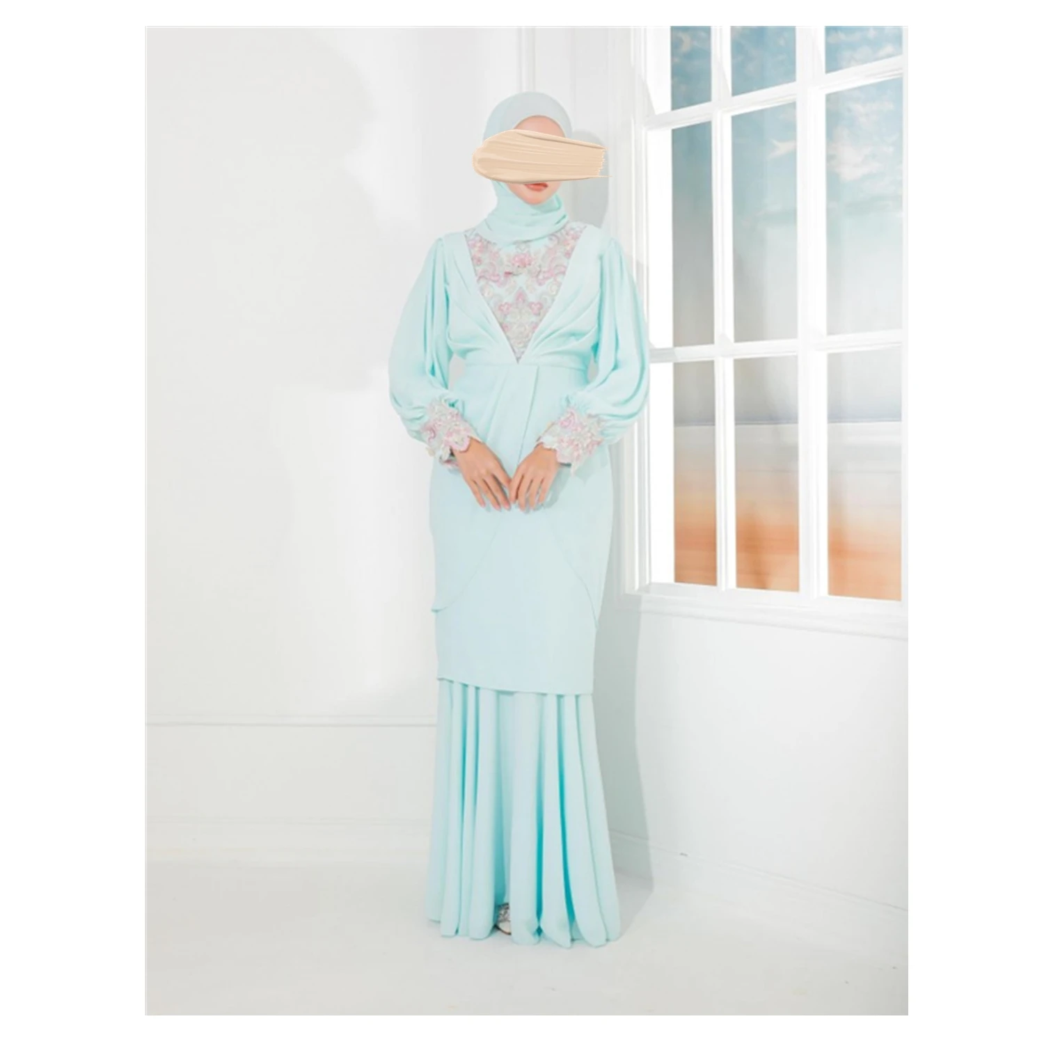 SIPO Премиум мода мусульманская одежда атласный Шелковый кардиган Aqua Blue Abaya платье платья с пышными рукавами шалью хиджаб