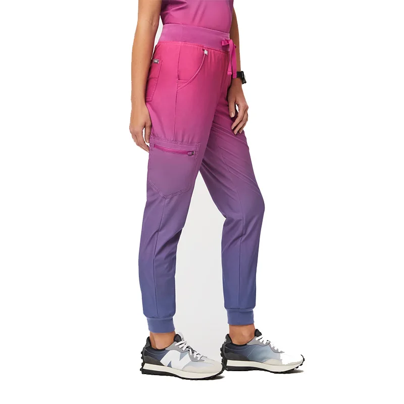Gradient color Nursing Uniform Scrubs 4 Way Stretch Spandex Stacked Pants Nurses Scrubs Suit Jogger Women Scrub Sets Uniform
