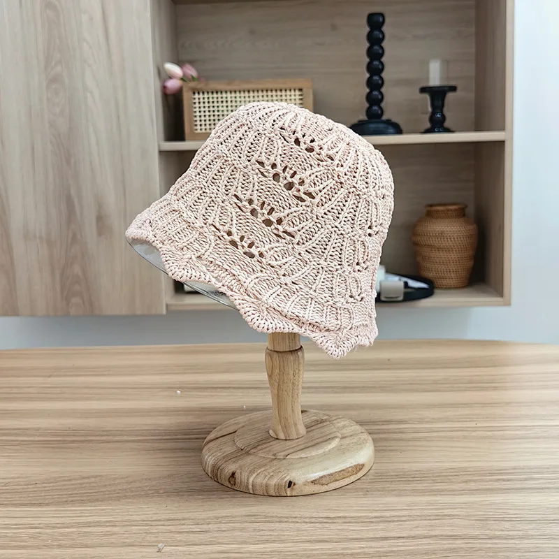 2024 Korean Fashion Summer New Solid Hollow Out Stripes Textured Woven Crochet Knitting Paper Straw Sun Beach Bucket Hat Ladies