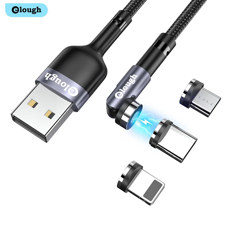 
Elough new products 540 rotation 3 in1 long nylon magnetic fast charging usb cable charger 2.4a for phone 