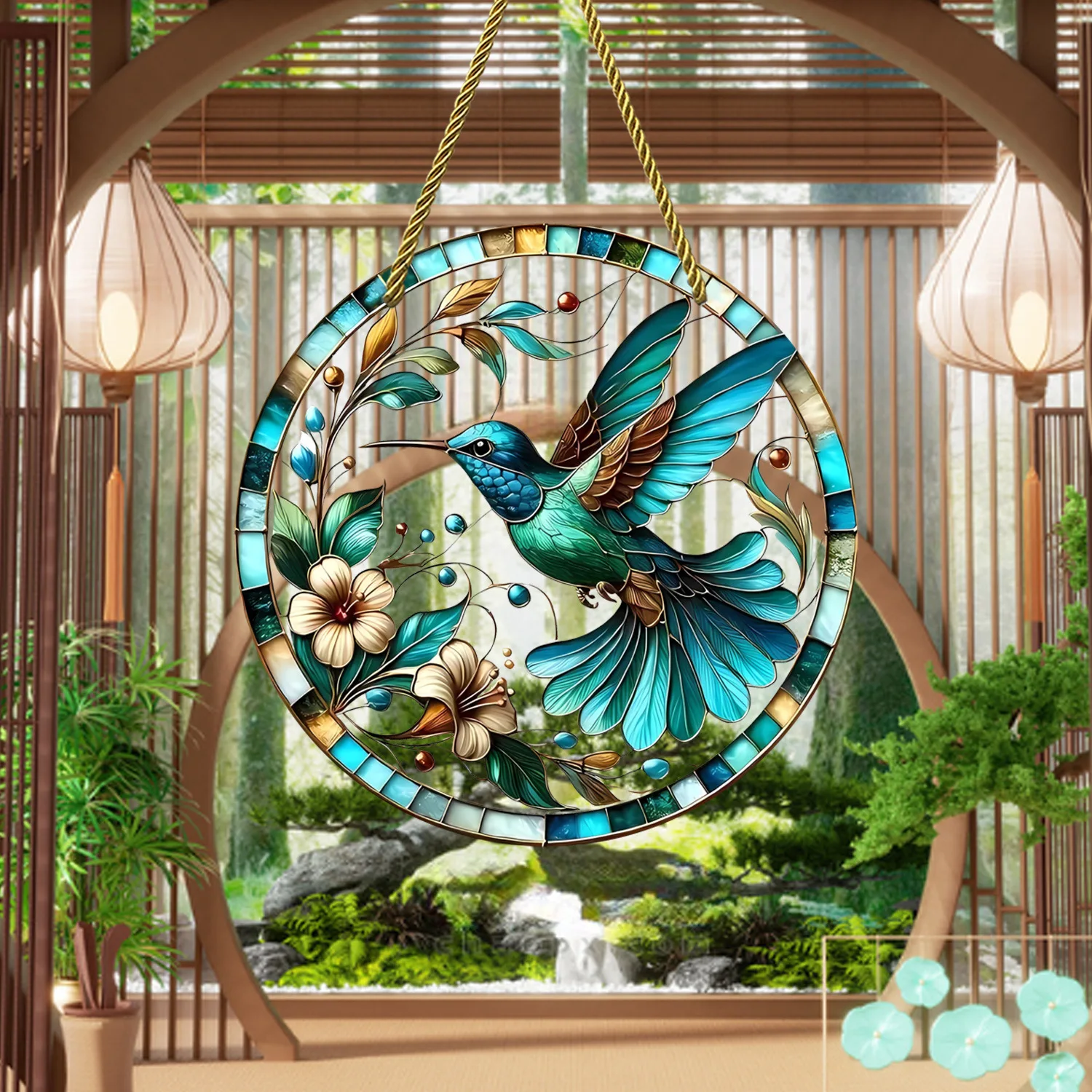 Window Home Garden Office Colorful Decorative Acrylic Round Pendant Charming Bird Floral Pattern Pendant