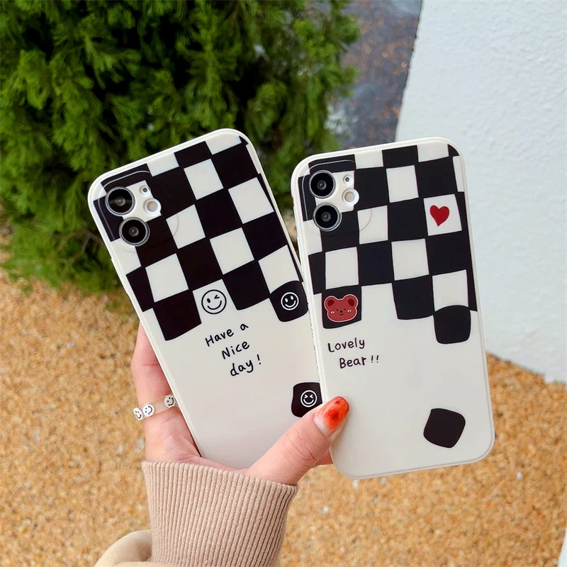 Wholesale Cartoon Lattice Bear Cute Cases For iphone 6 7 8 plus XS XR 11 12 13 MINI PRO Max Soft TPU Fully Cover Silicone Case
