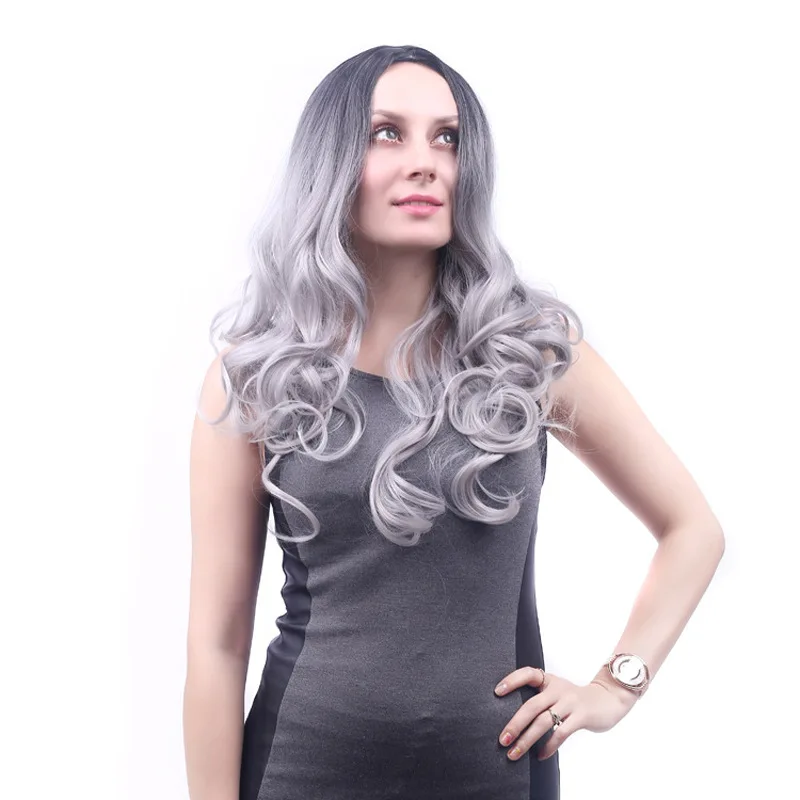 
2021 hot sales Gradient Granny Grey Hair Long Curly Hair Big Wave Wig Headgear 