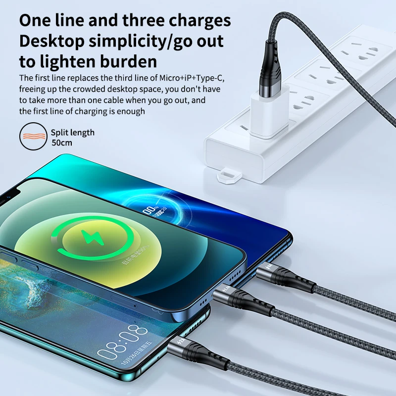 Fast charger USB 2.0 3.0 version Type-C Lightning Micro USB 3 in 1  Support for 66w/65w flash charge Data cable metal usb