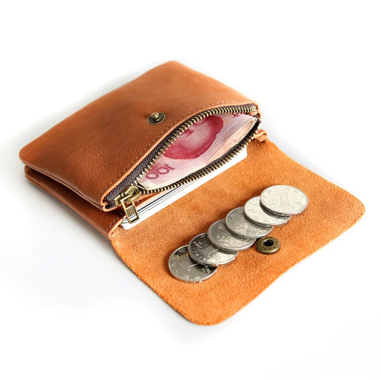 Unisex Stock Handmade Genuine Leather Small Coin Pouch Premium Zipper Custom Cards Coin Purse