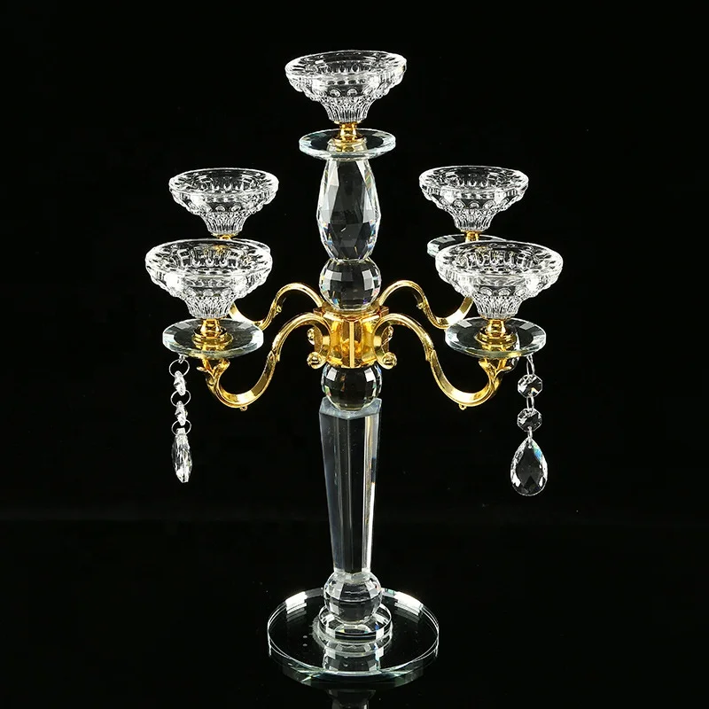 Оптовая продажа высокое качество недорогой стеклянный подсвечник с 5 держателями прозрачный канделябр для стола Свадебный центральный элемент