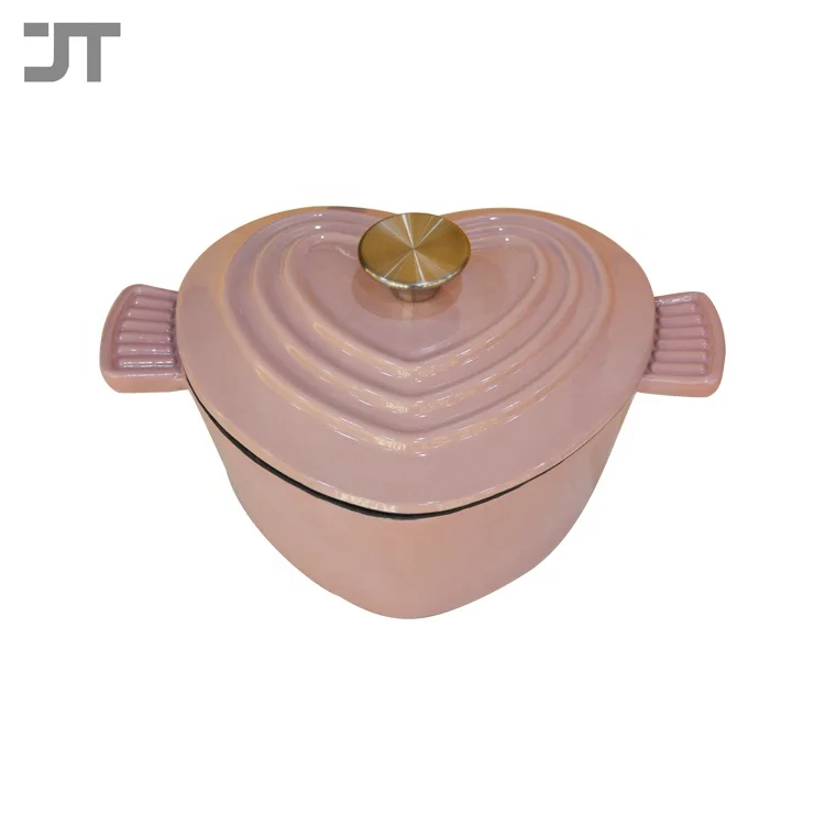 21cm China factory price dual handles enamel cast iron pink heart cooking pot set with lid