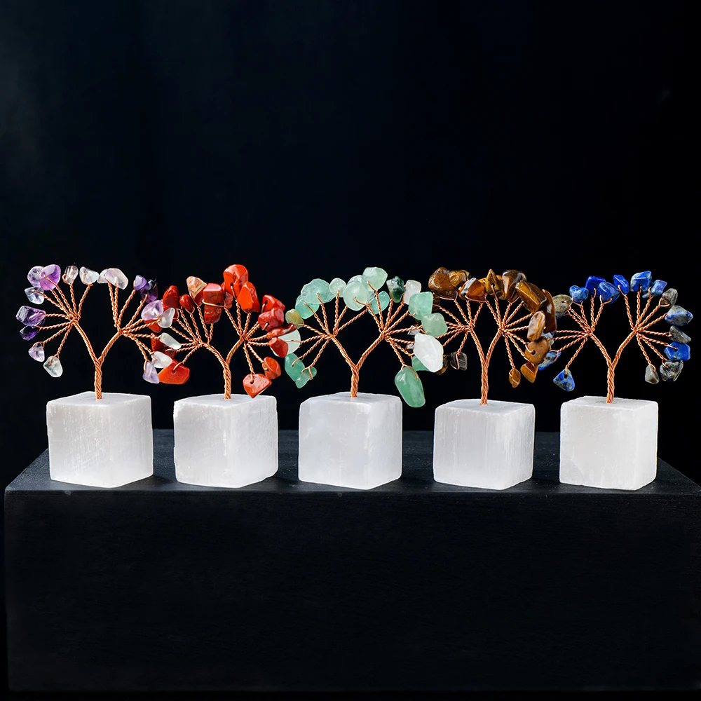 Wholesale Custom Natural Selenite Cube Base Crystal Tree Chips Copper Wrapped Crystal Tree For Ornamental