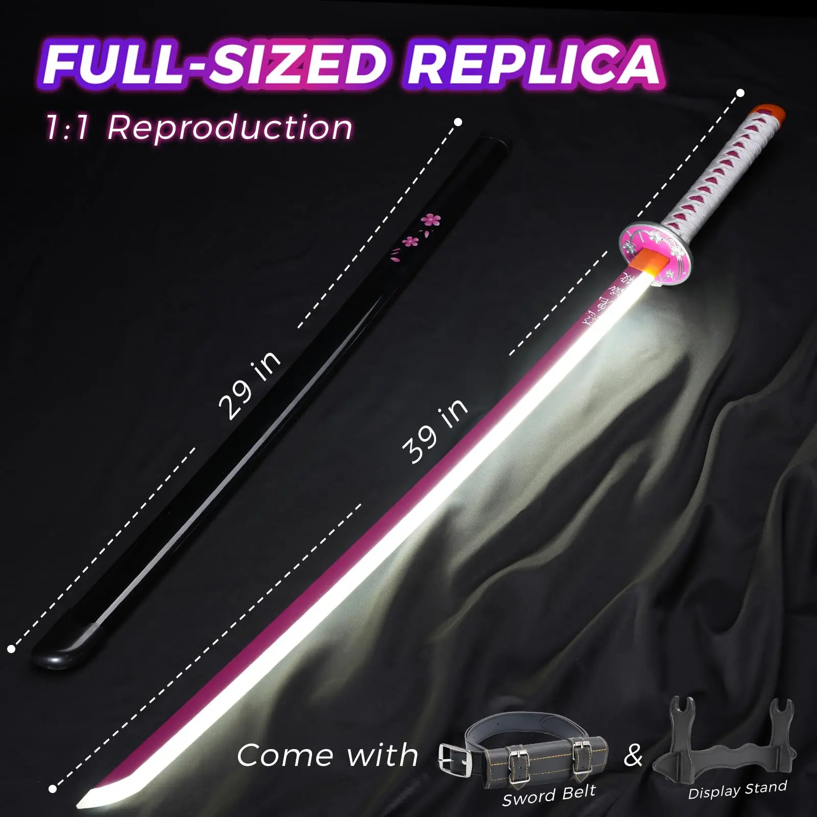 Light Up Rechargeable Demon Slayer LED Luminous Sword 104cm Wooden Sword Costume Play Samurai Anime Sword Products