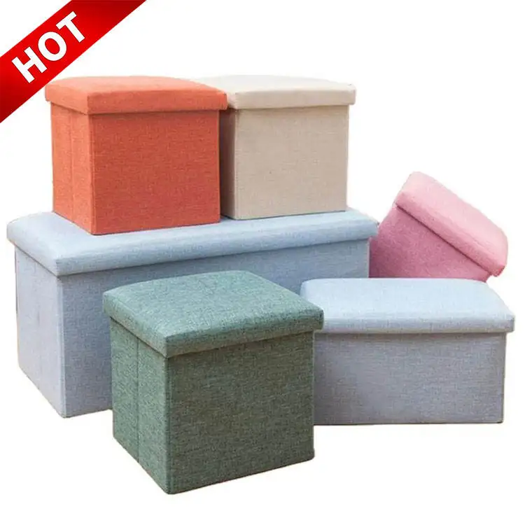 Custom Logo Living Room Furniture Fabric Linen Leather Collapsible Toy Footrest Foldable Storage Box Stools Ottoman Bench