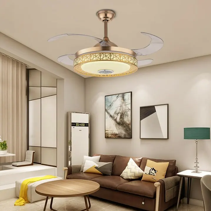 42inch Invisible Ceiling Fan Bluetooth Speaker Remote LED Lamp 4 Retractable Blade Chandelier 3 Color Changing LED Pendant Light