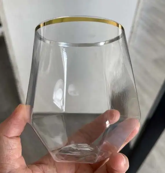 Gold Rim Diamond Shaped Plastic Stemless Glassware 12oz Clear Hexagonal Stemless Plastic Wine Goblets Shatterproof Recyclable