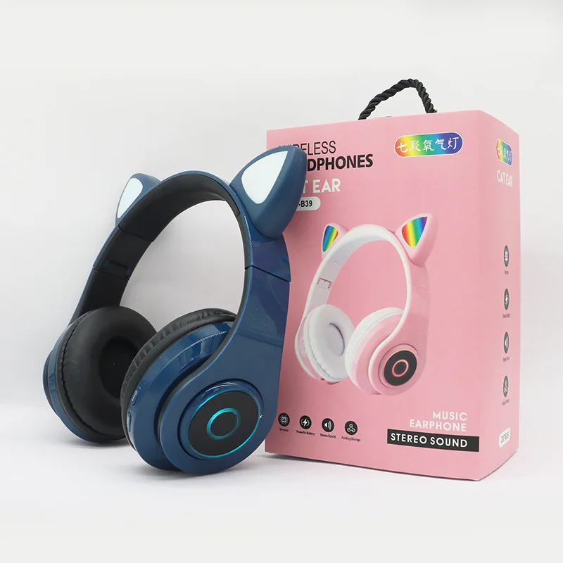 B39 Wireless headphones children MP3 player with LED colorful breathing lights cat ears with microphone headset