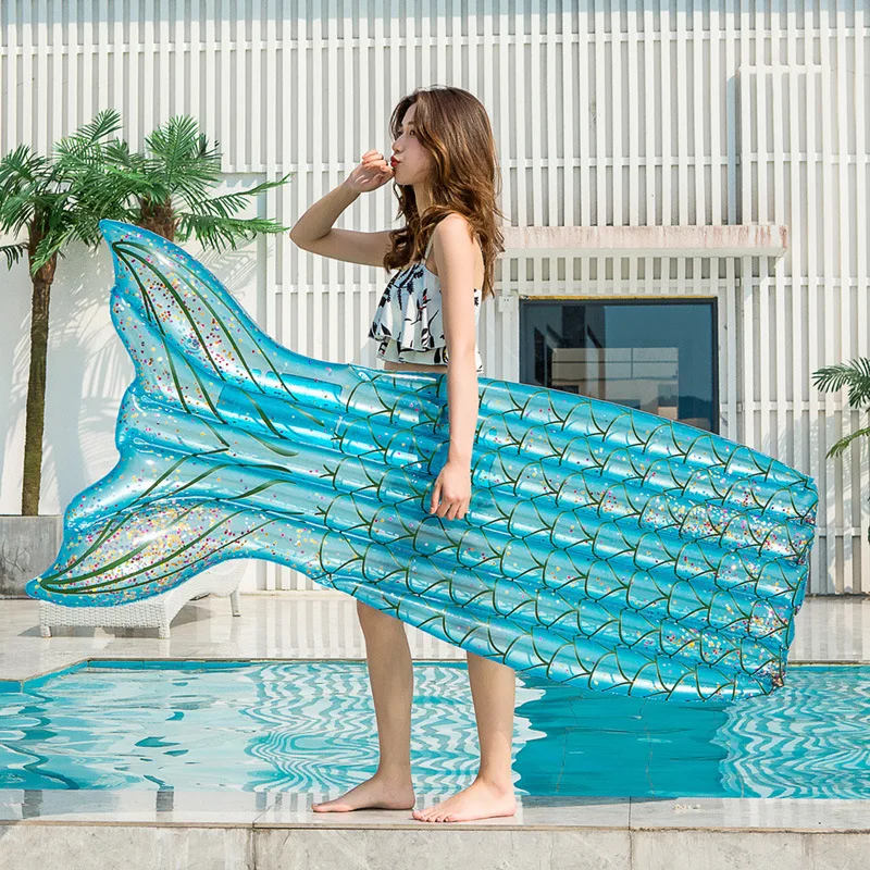New Sequin Glitter Mermaid Floating Row Fish Tail Swimming Pool Toy Adult Mount Water Inflatable Ride-ons Float Bed Tail Floater