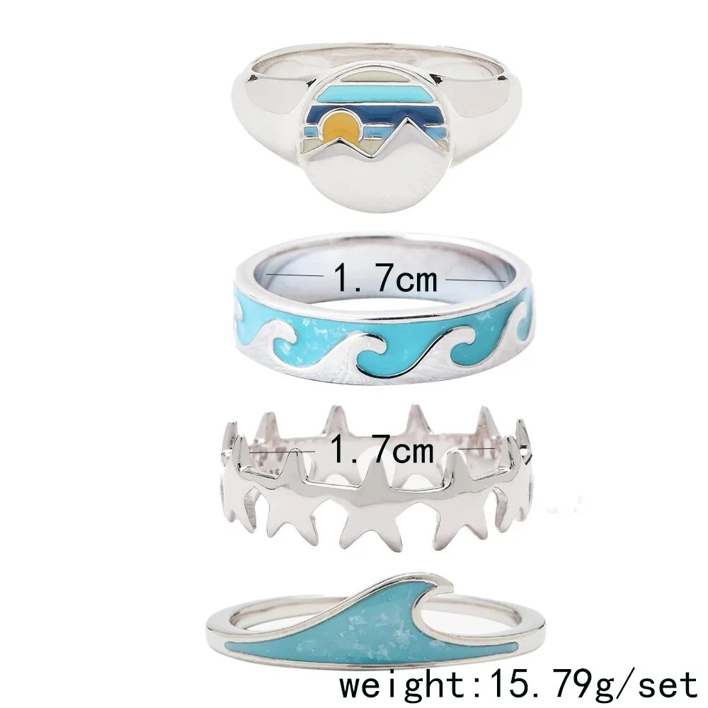 Creative Design Silver Free Size Finger Rings Cute Sky Blue Enamel Ocean Sea Wave  Rings Set For Women