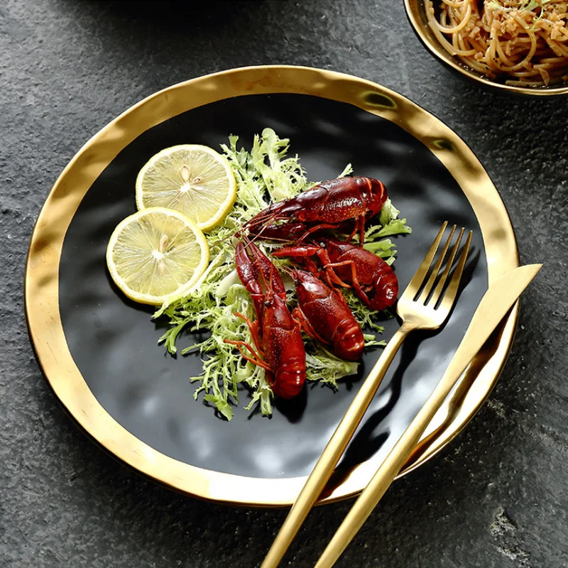 Hot Sell Nordic Ins Ceramic Steak Hand Painted Gold Rim Matt Plate And Bowl Dinnerware For Restaurant