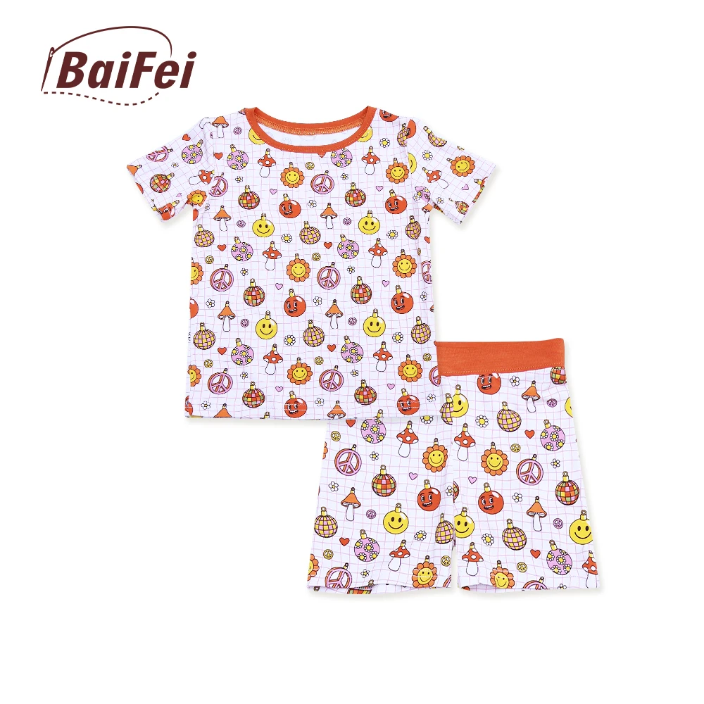Viscose 2 Pic Set Holiday Cute Baby Sleepwear Short Sleeve Short Pajamas Matching Bamboo Custom Kids Family Custom Printed 2pcs