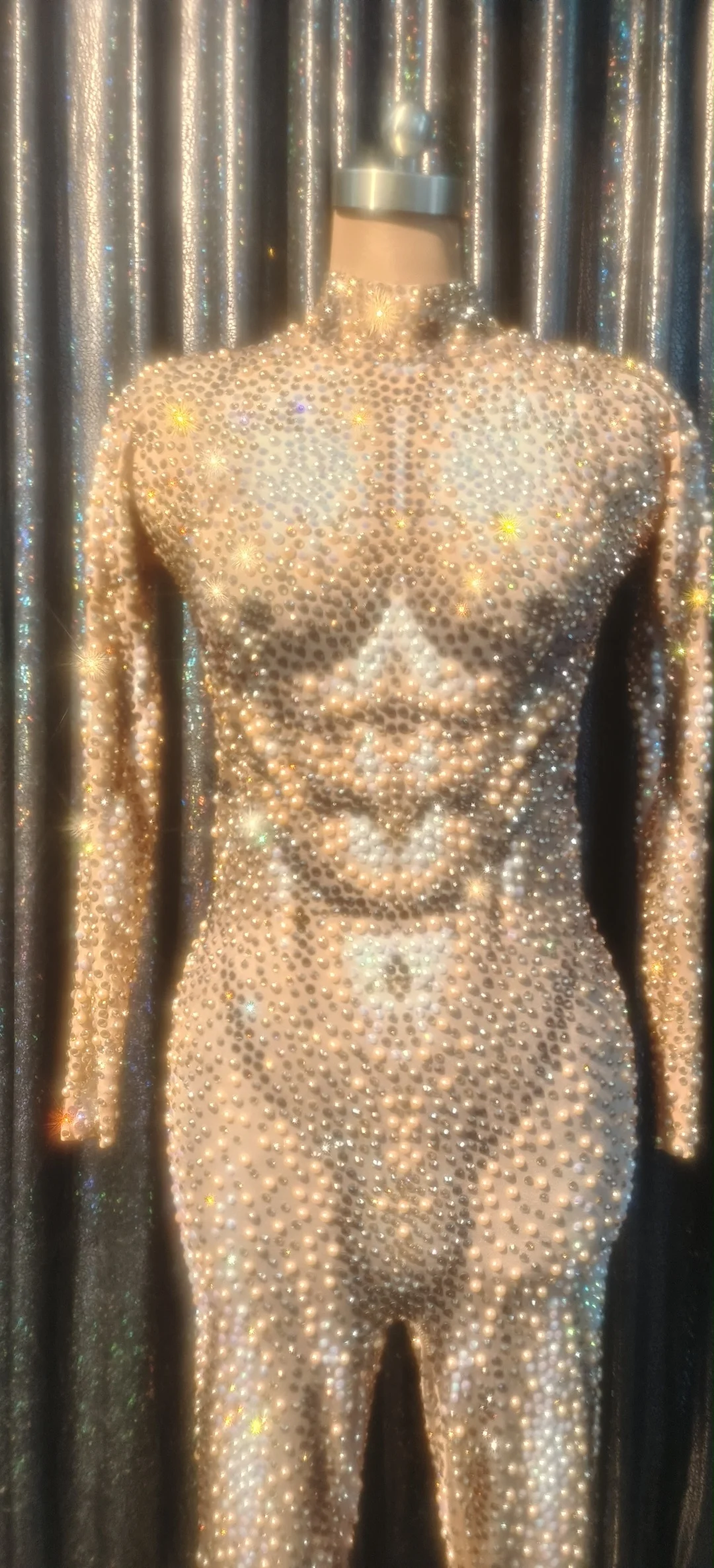 Monos Sexy Stretch Rhinestone Pearl Spandex Bodysuits Male Exotic Dancewear Stripper Outfit Club Men Stage Performance Jumpsuit