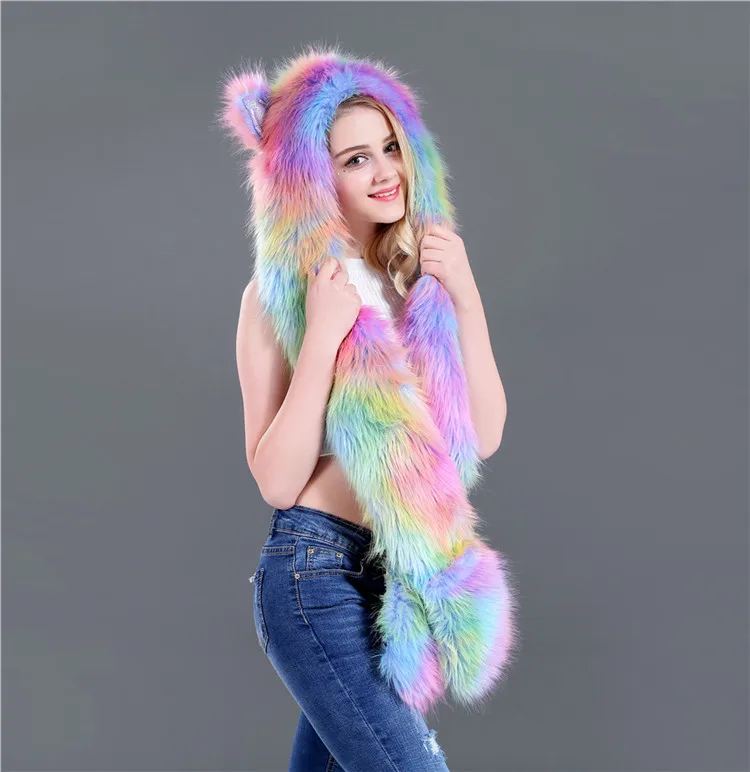 Rainbow Fur Animal Hat Gloves Mittens 3-in-3 Function Furry Hat with Paws