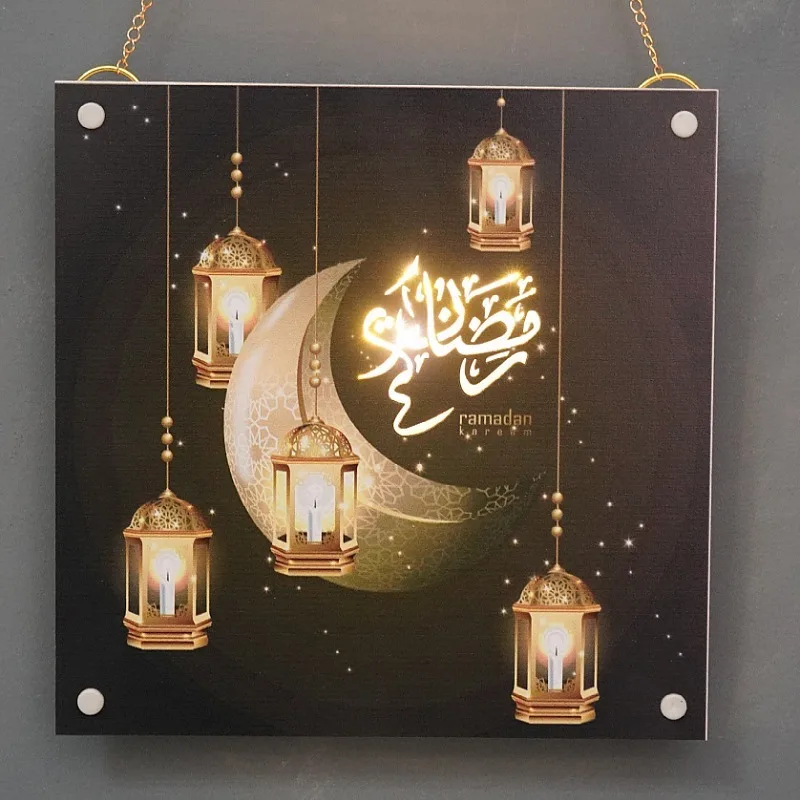 Muslim Home Decoration Ramadan Wooden LED Hanging Pictures Moon Lantern Mosque EID Wall Decoration