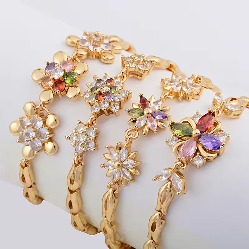 Fashion Jewelry Flower Copper Inlaid Colorful Chain Bracelet for Women and Girls Hypoallergenic Link Bracelets as Jewelry Gifts