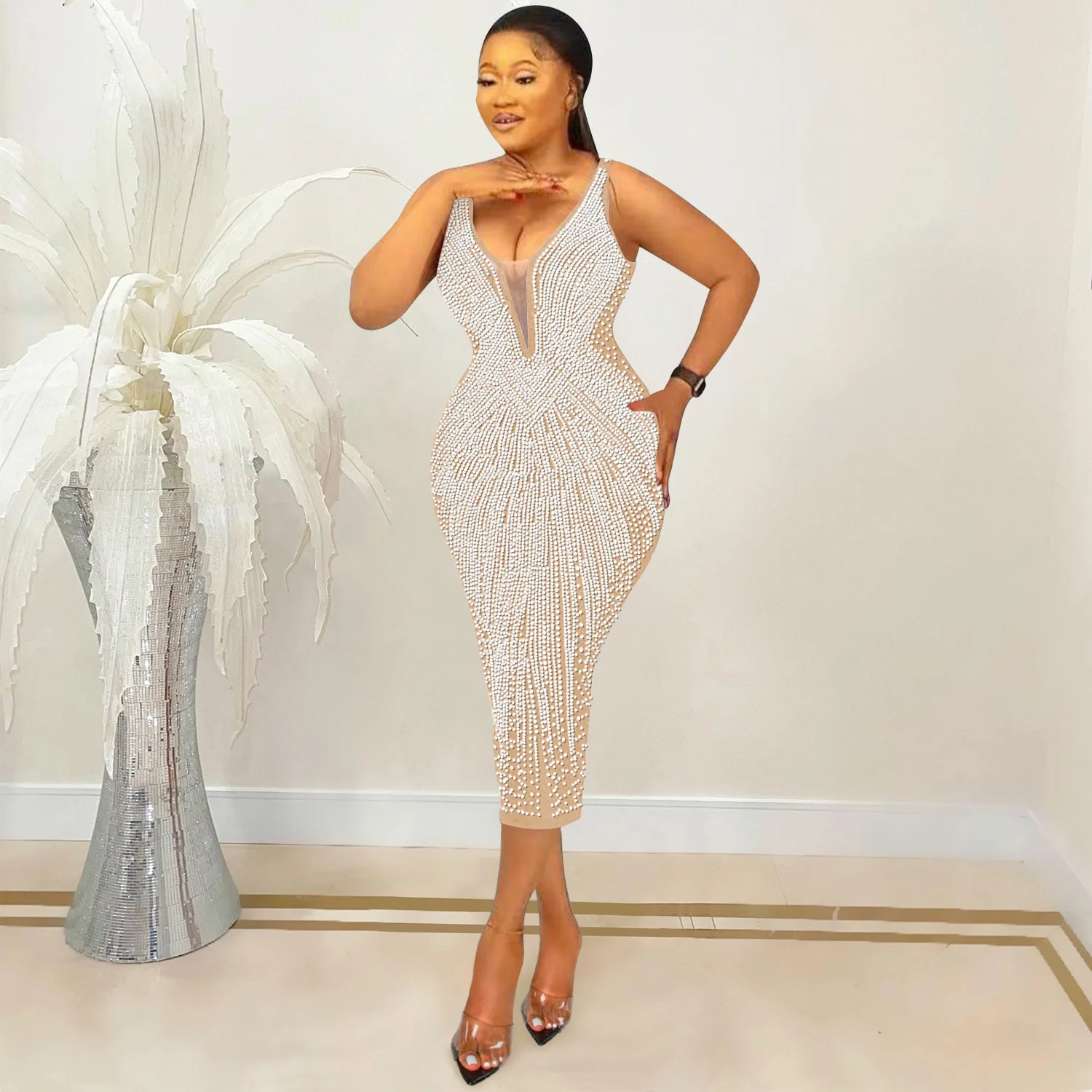 C5808 2022 Spring New Boutique Clothing Fashion Women Suspenders Sexy Dress Ladies Tight V-neck Rhinestone Dress