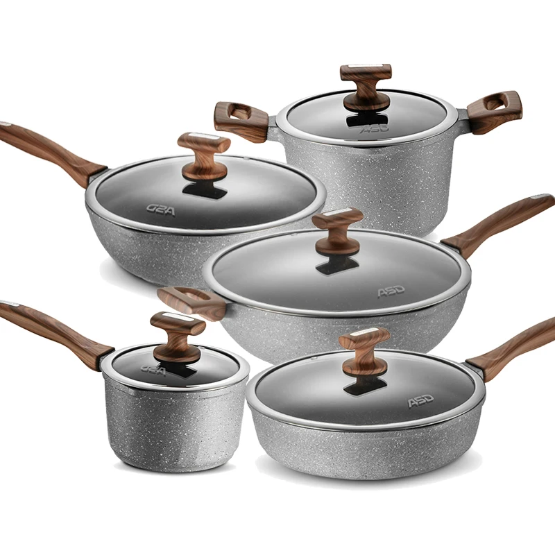 Diecast Nonstick Cookware Set Marble Granite Non Stick Coated Cooking Pot Set Hard Anodized Aluminum Wooden Handle Pots And Pans