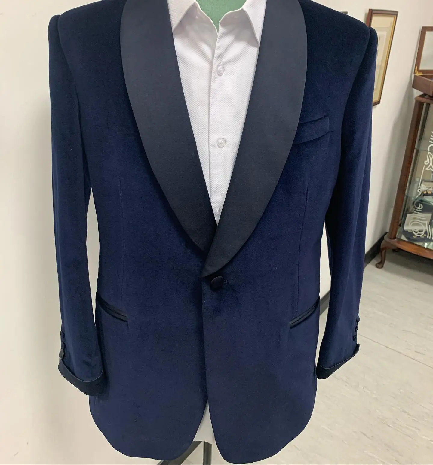 Custom Hand Made Bespoke Navy Velvet Smoking Blazer with Silk Lapels and Cuffs