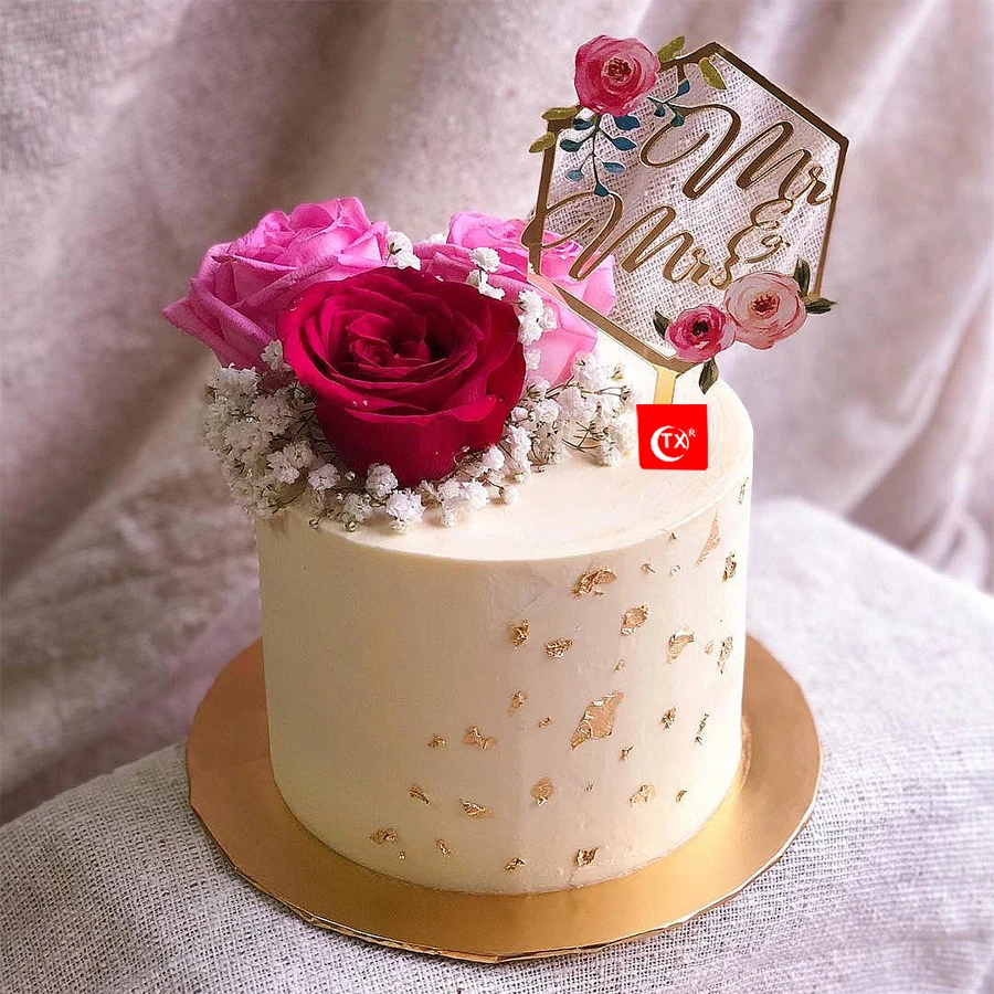 
TX Personalized 3d Art Painting Mr & Mrs Wedding acrylic cake topper gold mirror for Bride and Groom Wedding silhouette 