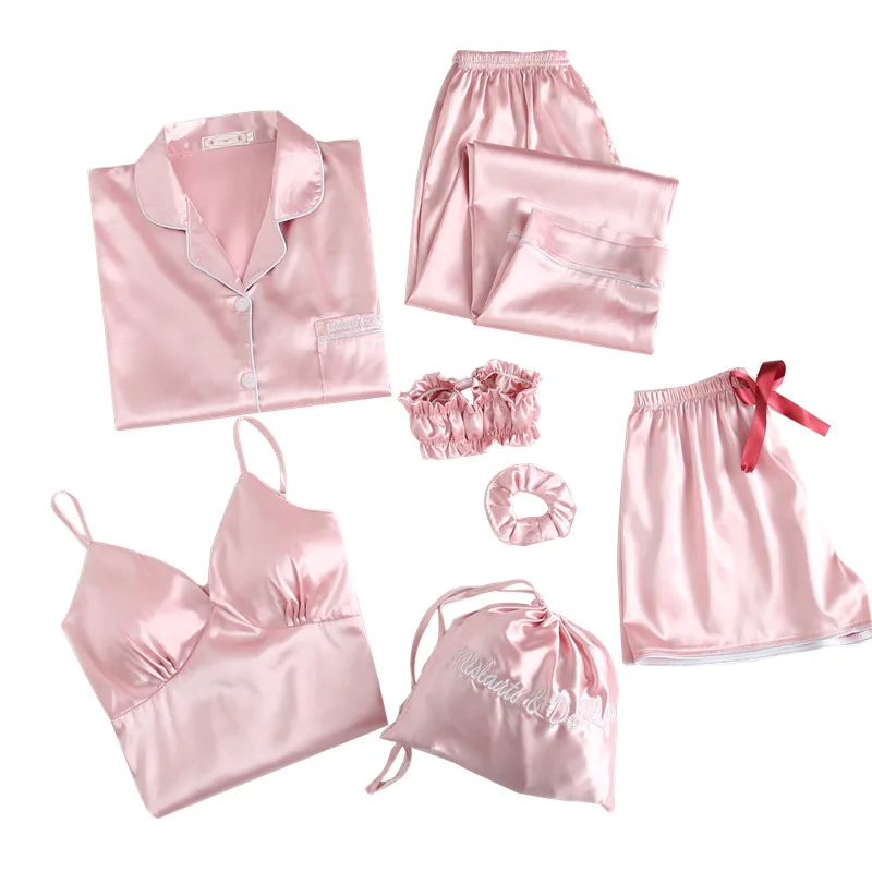 2022 custom OEM pijamas woman baju tidur wanita conjunto de ropa dormir pyjamas sleepwear 7 pieces shorts set satin silk pajamas