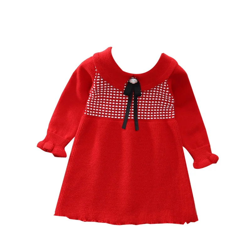 Autumn and winter 1-8 years old little girl knitted doll collar sweater dress sweet beauty baby long-sleeved knitted skirt