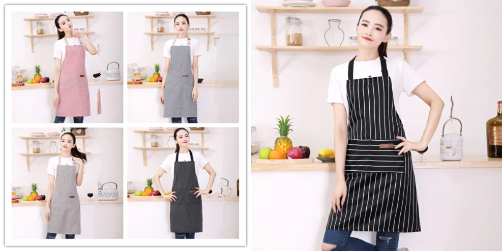 wholesale Custom logo apron Stripe Bib cotton linen Apron cafe Restaurant Bar cooking clothes Chef kitchen aprons for cleaning