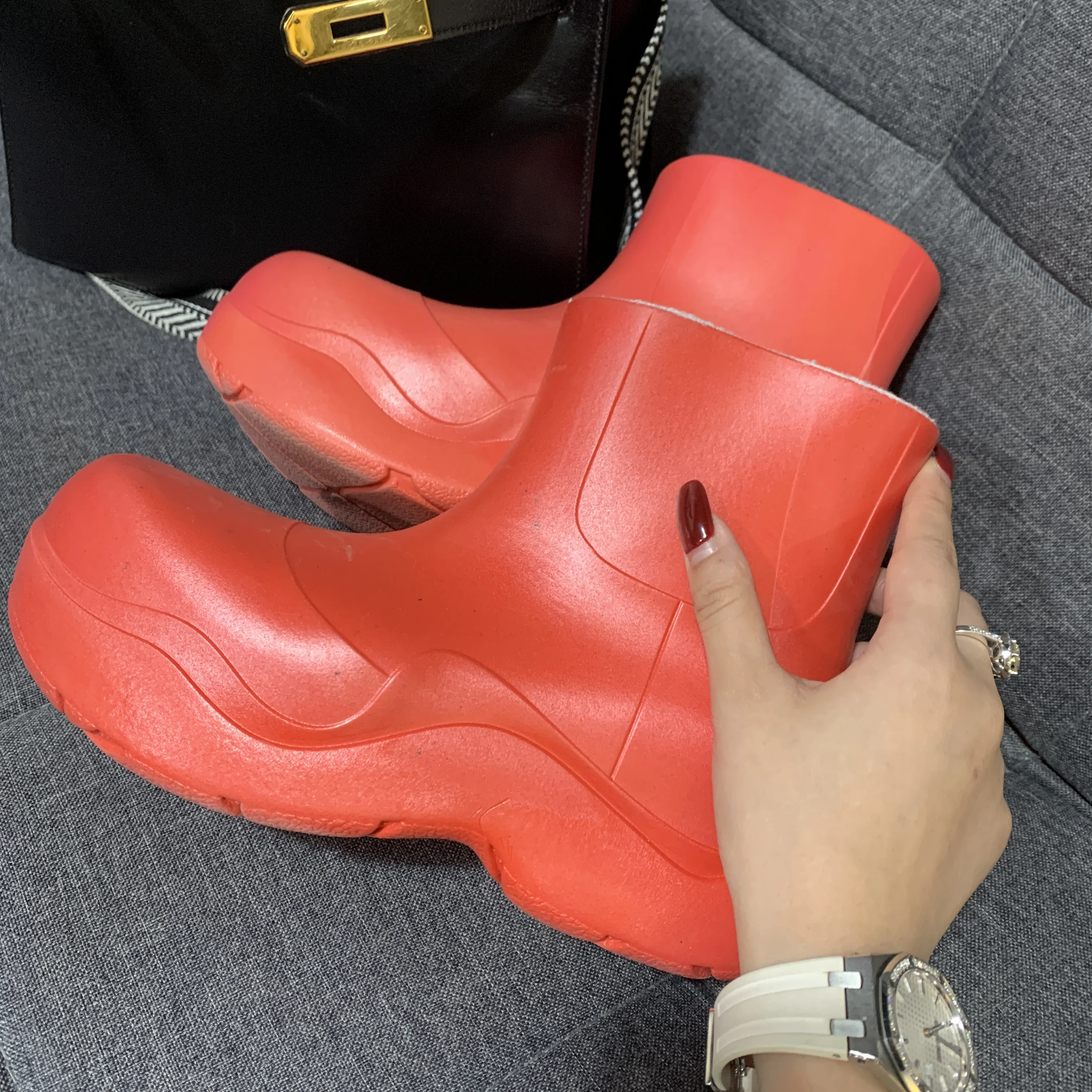 Fashion rain boots non-slip water shoes waterproof platform Fur ankle boots women hunting shoes fishing shoes