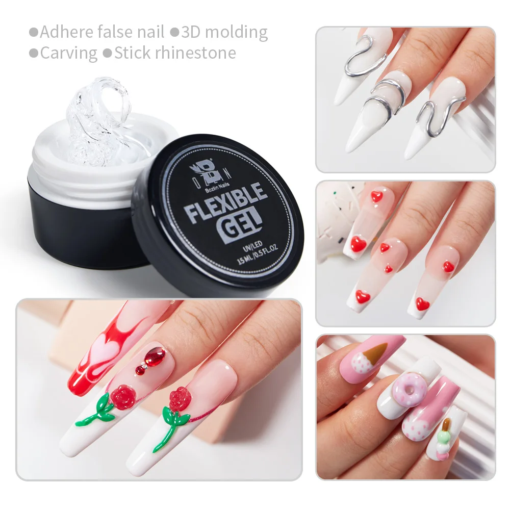 BOZLIN HEMA TPO FREE 15ml Transparent Soak Off UV LED Nail Tip Solid Extension Gel 3D Molding Gel Flexible Gel