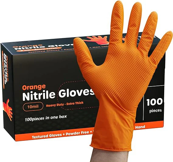 Heavy duty mechanical gloves 10 mil oem custom box orange nitrile glove diamond texture powder free black nitrile gloves