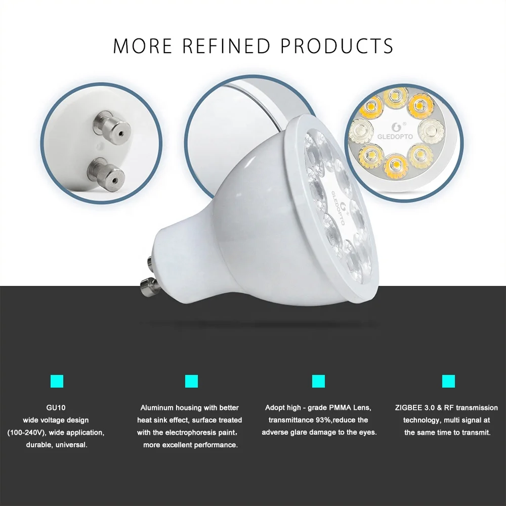Gledopto Connected Home ZigBee Spot GU10 Dimmable ZigBee3.0 Operated LED Bulb RGBW App Smart Control Lighting