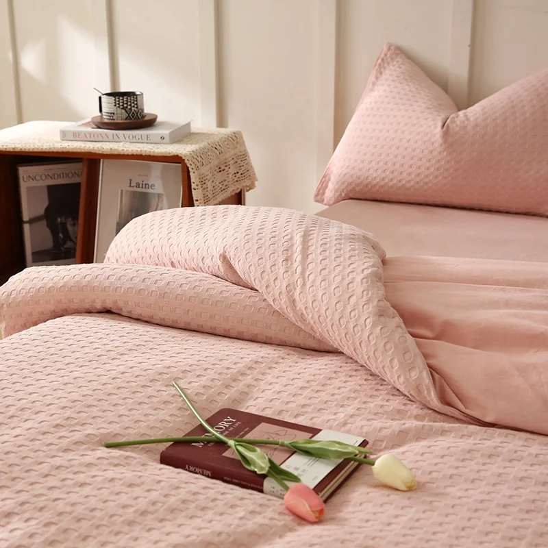 Promotional Comforter 100% Cotton Waffle Bedding Set Simple Design Luxury Plain Color Twin Queen King Size Bedding 4 Piece Sets