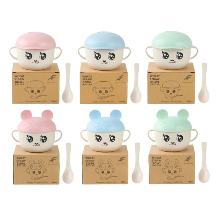 2020 Лидер продаж на Amazon, заводская цена, комплект посуды из бамбукового волокна с животными для детей, чашка, вилка, ложка, пшеничная солома, наборы посуды
