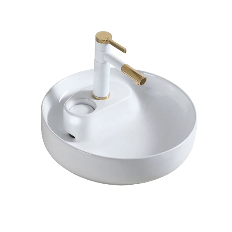 Special design single faucet hole white round ceramic above counter top art basin wash hand sink for hotel