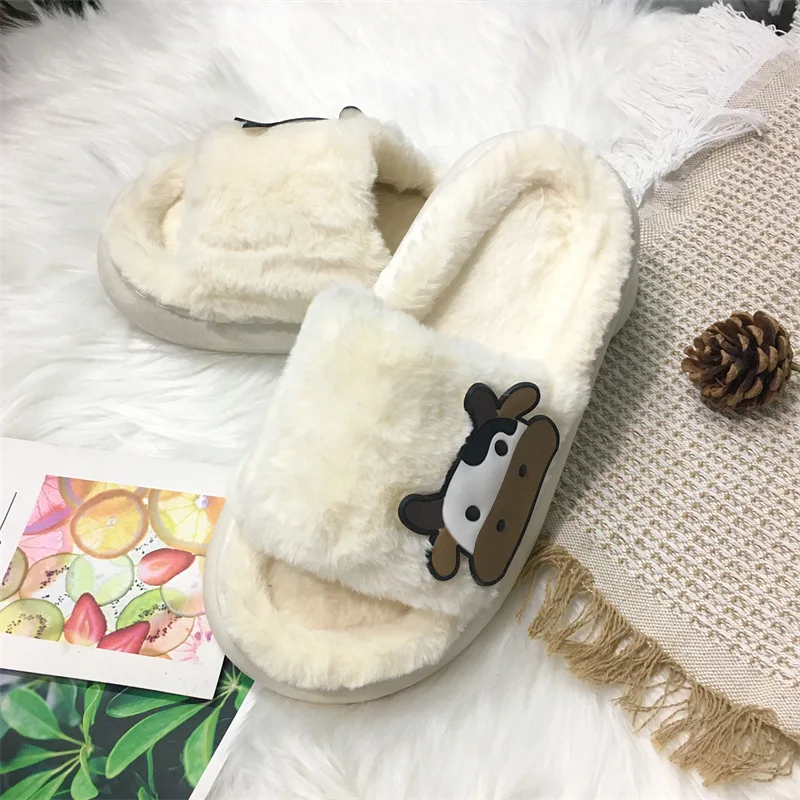 Cow Thick Fluffy Fur Slippers 2023 New Women Winter House Warm Furry Slippers Women Flip Flops Home Slides Flat Indoor Shoes