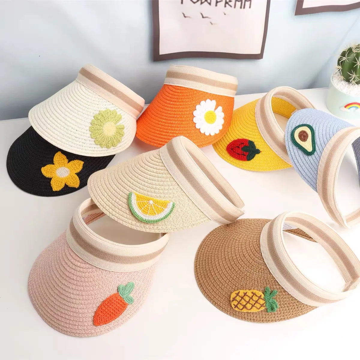 BESTELLA Wholesale  Custom Sun Visor Cap Summer Children Kids Sport Fruit Cartoon Design Wide Brim UV Protection Straw Hat