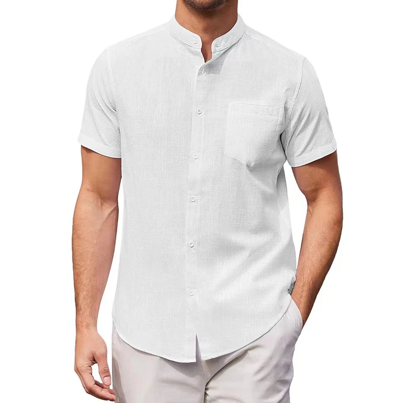 Mens White Cotton Linen Beach Resort Shirt for Men Short Sleeve Casual Shirt Camisas Hommbre