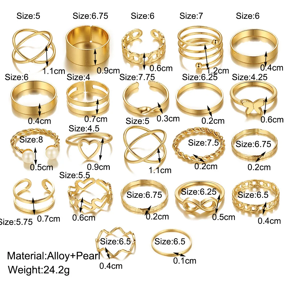 22 pieces Design Metal Geometric Chunky Gold Ring Adjustable New Heart-shaped Pearl Butterfly Ring For Women