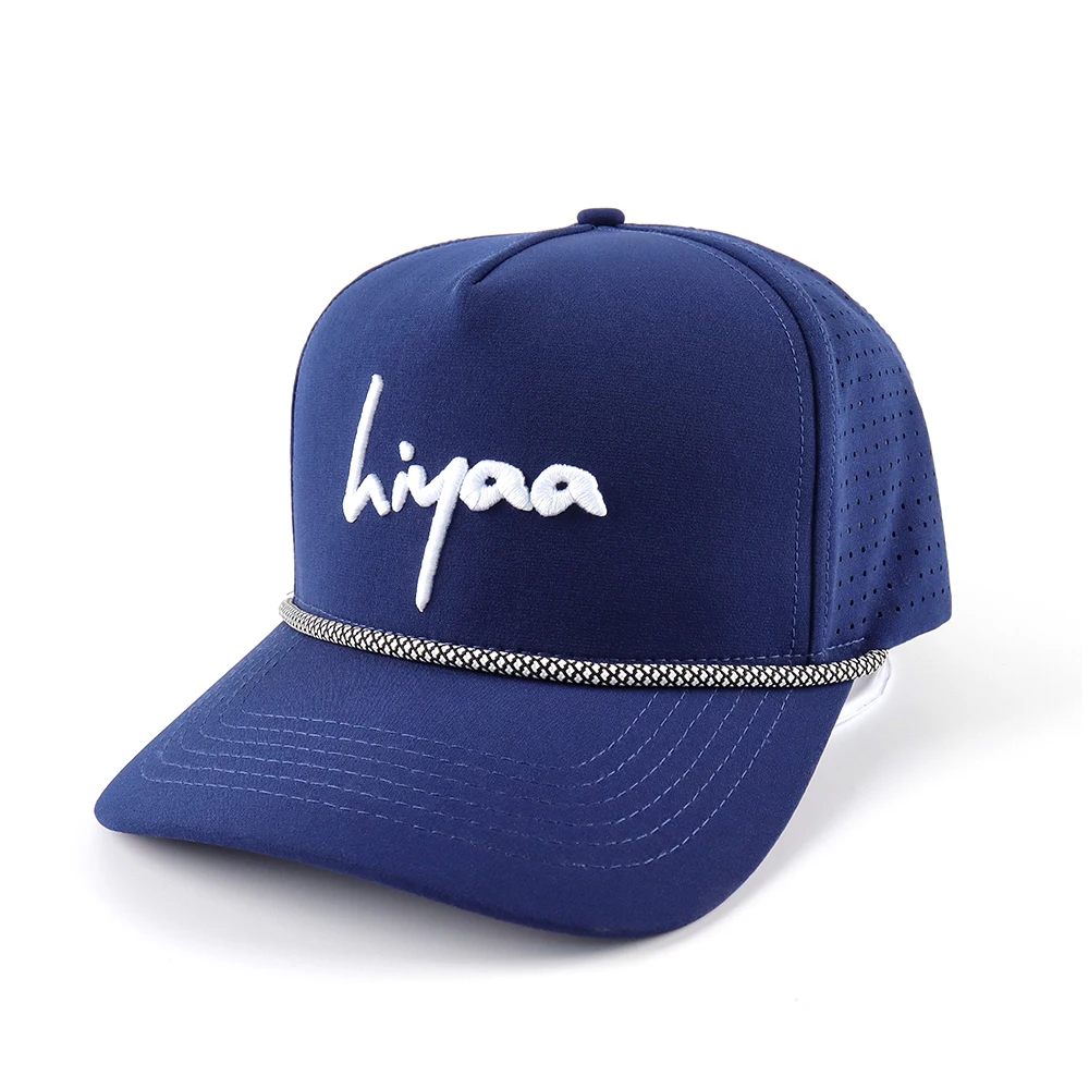 Wholesale Custom 5 Panel Sport Dad Hat 3D Embroidery Logo Navy Blue Polyester Gorras Laser Cut Hole Rope Waterproof Baseball Cap