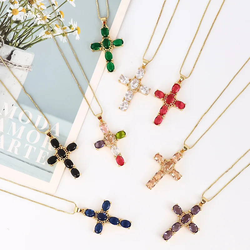 Fashion Gold Plated Multi Color Oval Shape Crystal Zircon Cross Pendant Necklace For Lady Gift