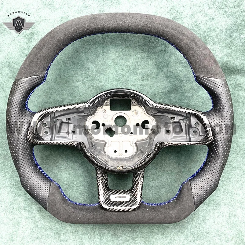 FLAT TOP CARBON FIBER STEERING WHEEL FOR VW  GTI GOLF R MK6 MK7  LEATHER ALCANTAR  A STEERING WHEEL WITH BLUE STITCH TRIM PARTS